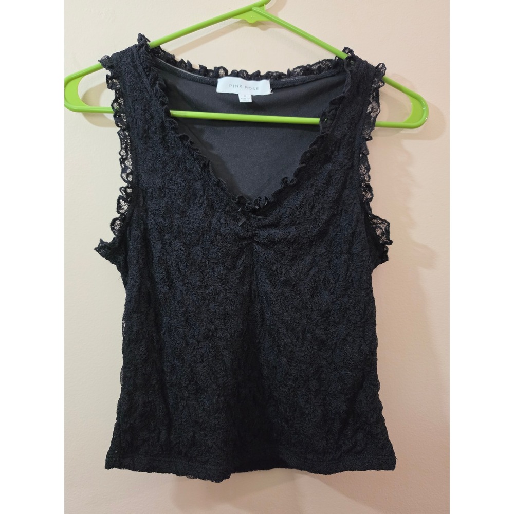 Pink Rose Black Lace V-Neck Tank Top Ruffle Trim Sleeveless Blouse Small 4K14380